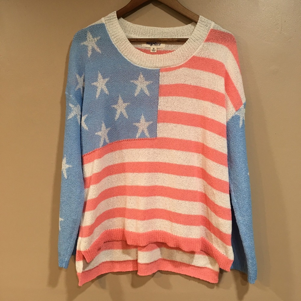 Haptics Oversized American Flag Sweater Womens M Red Blue Patriotic Heritage